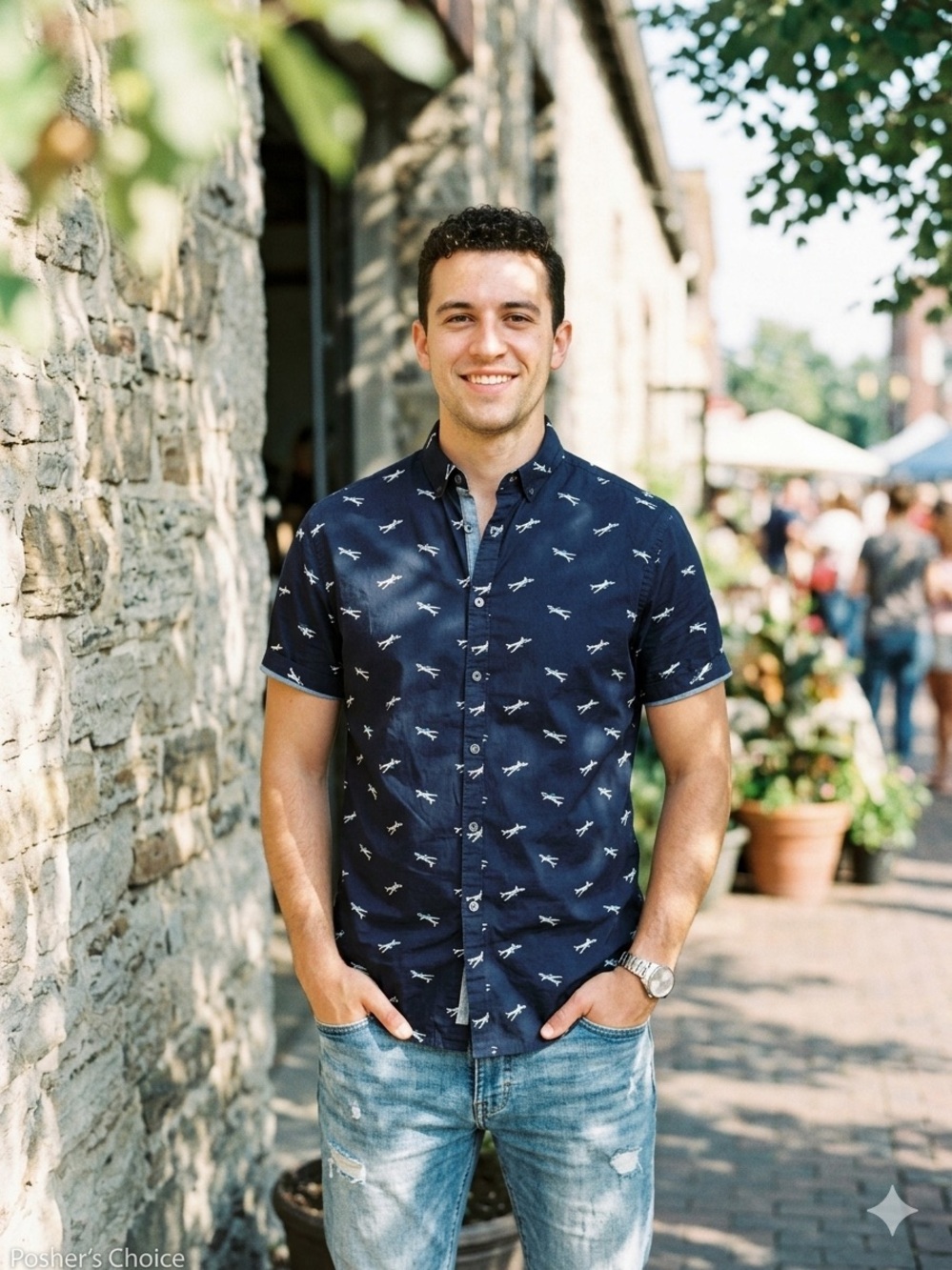Denim & Flower Ricky Singh airplane pattern short sleeve button-down shirt